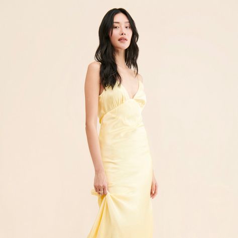 Capri Slip Dress Pale Yellow Satin Dress, Pale Yellow Wedding Guest Dress, Light Yellow Silk Dress, Pale Yellow Weddings, Yellow Wedding Guest Dresses, Yellow Slip Dress, Yellow Satin Dress, Vintage Bridesmaid Dresses, Yellow Bridesmaid Dresses