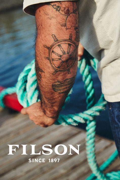 Tattoo For Sailors, Nautical Patchwork Tattoo Sleeve, Never Again Tattoo Ideas, Ocean Style Tattoo, Vintage Tattoo Ideas Men, Nautical Tatoos Men, Seamans Tattoos, Nautical Elbow Tattoo, Nautical Tattoo Filler