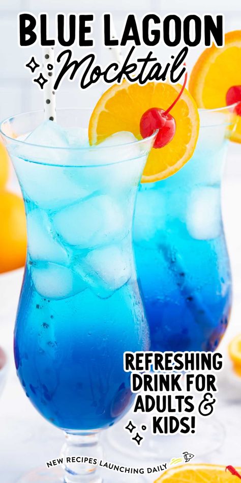 Our blue lagoon mocktail is a brilliant blue, tropical-flavored drink that is perfect for all ages. Moana Drink Ideas, Prom Drink Ideas, Non Alcoholic Blue Punch, Virgin Blue Lagoon, Blue Hawaiian Punch Recipe Non Alcoholic, Blue Virgin Drinks, Blue Drink Non Alcoholic, Blue Hawaiian Mocktail Recipe, Fizzy Alcoholic Drinks