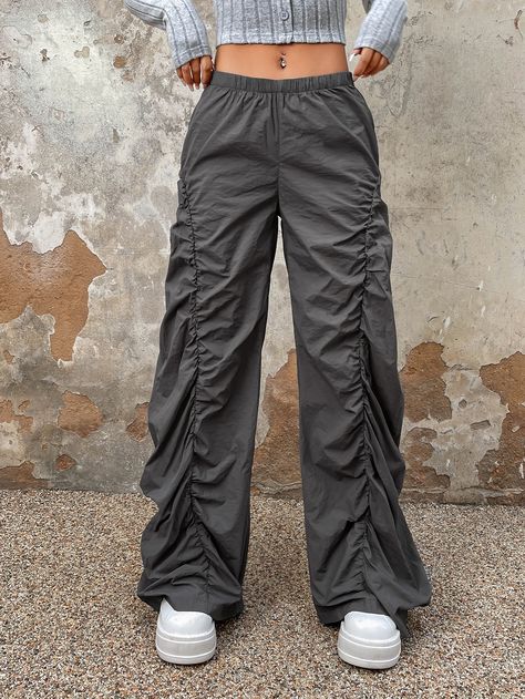 Dark Grey Casual Collar  Woven Fabric Plain Wide Leg Embellished Non-Stretch  Women Bottoms Women Trousers, Couture, Techwear Fashion, Inexpensive Clothes, Comfy Casual Outfits, Shein Icon, Cargo Pants Outfit, Cute Pants, Women Pants