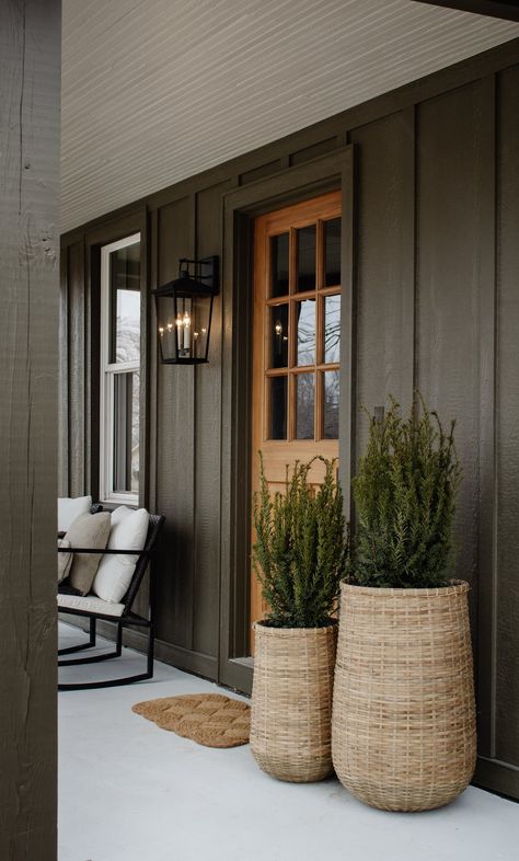 Two Door Front Porch Ideas, Moody Porch Ideas, Organic Modern Porch, Garage Outdoor Decor, Side Front Porch Ideas, Green House Front Porch, Exterior Patio Doors Ideas, Plants On Side Of House, Side Of House Pathway