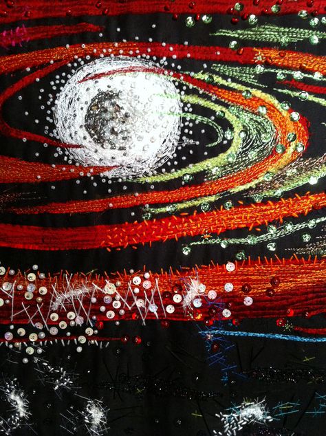 'Andromeda Galaxy' detail by Karen Rose Johnson - textile collage, machine stitch, hand stitch, decorative embellishment. 2014 Art Rooms, Space Textiles Art, Space Textiles, Planet Quilt, Textiles Gcse, Textile Collage, Textiles Sketchbook, A Level Textiles, Home Decor Apartment