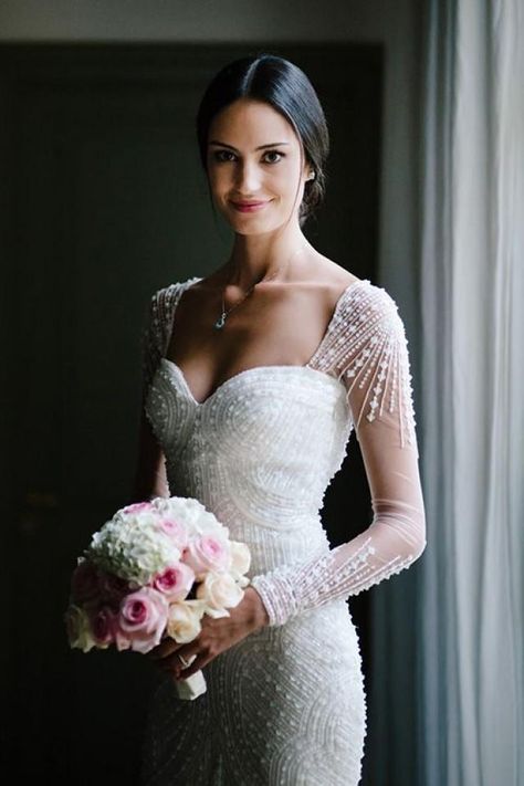 Hand Beaded Wedding Dress, 70 Wedding, Pronovias Wedding Dress, Wedding Dresses Beaded, Beaded Wedding, Beauty Dress, Mod Wedding, Long Sleeve Wedding, Elegant Wedding Dress