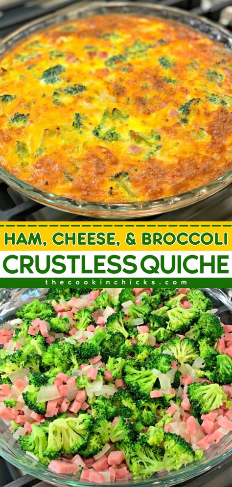 Whip up this quiche recipe! It's an easy school breakfast idea with a make-ahead option. Packed with ham, cheese, and broccoli, this crustless quiche is a delicious back-to-school food while being low-carb! Cheese And Broccoli Casserole, Broccoli Crustless Quiche, Crustless Ham And Cheese Quiche, Ham And Broccoli Quiche, Ham Quiche Recipe, Broccoli Cheese Quiche, Crustless Broccoli Quiche, Breakfast Quiche Recipes Easy, Broccoli Quiche Recipes