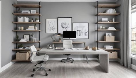 "Create a professional and stylish workspace with a grey home office. Discover design tips for incorporating sleek grey tones that promote focus and productivity while adding a touch of modern elegance." Home Offices, Grey Home Office, Gray Office, Sleek Desk, Grey Office, Grey Home, Grey Desk, Office Floor, Natural Cleaning
