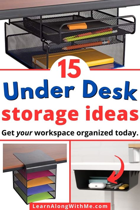 Is your work desk or home office cluttered? Storing items UNDER your desk may be the solution.

In this article we look at 15 under desk storage ideas to help store items ranging from small office supplies to commonly-used forms. 

These storage solutions will get stuff off your desk and nicely organize it under your desk. 
Maybe you'll even be able to see the surface of your desk again!!

Check it out today and see what will work for your workspace.

#homeofficestorage #underdeskstorageideas Storage Ideas For Small Spaces Office, Over The Desk Storage, How To Organize A Desk With No Drawers, Add Drawers To Desk, Office Desk Storage Ideas, Under Desk Storage Ideas Small Spaces, Desk With No Drawers Organization, Standing Desk Organization Ideas, Under Desk Drawers