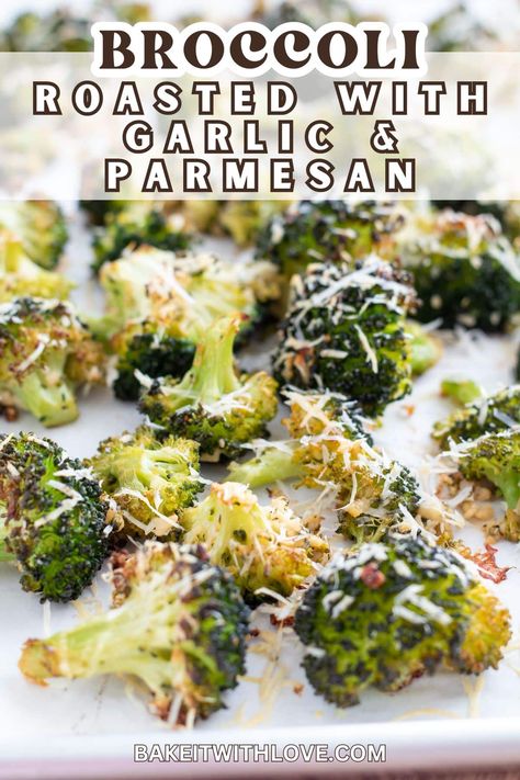 My easy oven roasted broccoli with garlic and Parmesan cheese combines my favorite flavors in a staple dinner side dish. I love the wonderful garlic flavor and rich Parmesan cheese topping that make this recipe hard to beat. Plus, roasting brings out a different broccoli flavor that's a treat for all veggie lovers. Follow Angela at BIWl for more great side dishes! BakeItWithLove.com #broccoli #roasted #sidedish #veggies Roasted Broccoli Parmesan, How To Roast Broccoli, Roasting Broccoli, Broccoli Cooked, Roast Broccoli, Veggie Hash, Broccoli Roasted, Oven Roasted Broccoli, Broccoli With Garlic