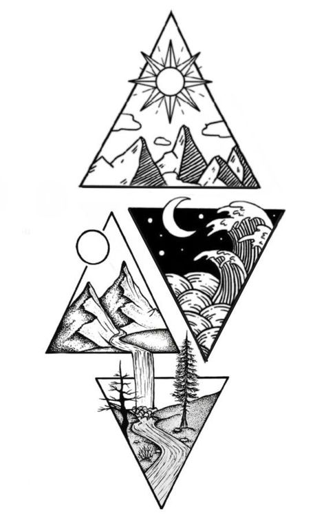 Geometric Nature Tattoo Sleeve, Nature Elements Drawing, Geometric Tattoo Triangle, Cool Tattoo Design Drawings, Tattoo Pairs Ideas, Roadtrip Tattoo Ideas, Nature Tattoo Ideas Women, Mountains Tattoo Ideas, Geometric Tattoo Women