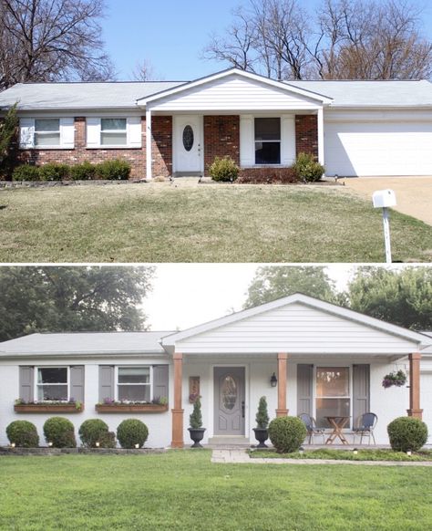 Ranch Home Exterior Makeover, Ranch Home Exterior, Outdoor Shutters, Blue Interiors, Ranch House Exterior, House Makeovers, Painted Brick House, Brick Ranch, Home Exterior Makeover