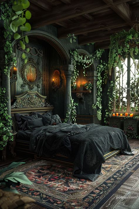 Black Bedroom Ideas for a Modern and Cozy Space - Puqqu Dark Princess Bedroom Aesthetic, Gothic Green Bedroom, Dark Fairycore Bedroom, Dark Cozy Bedroom Ideas Romantic, Black Themed Bedroom, Green And Black Bedroom, Dark Bedroom Decor, Black Bedroom Ideas, Dark Homes