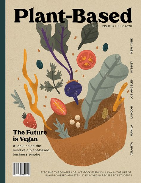 Magazine Drawing Illustrations, Back Cover Magazine Design, Food Cover Magazine Design, Food Magazine Cover Illustration, Illustrator Magazine Design, Plant Magazine Design, Plant Graphic Design Poster, Magazine With Illustration, Illustrative Magazine Cover