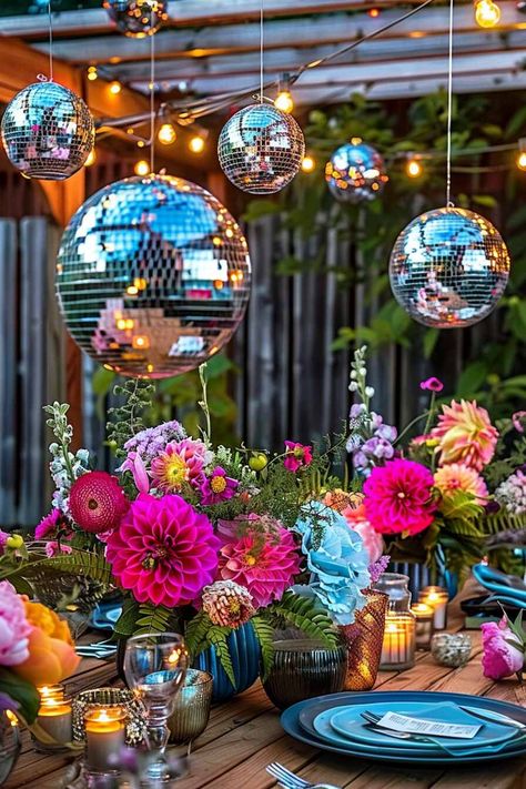 21 Boho Garden Party Decoration Ideas to Inspire Your Next Gathering - Home Made Graceful Disco Brunch Decor, Rock Candy Display Ideas, Acl Themed Party, Disco Ball And Flowers Aesthetic, Micro Wedding Themes, Retro Disco Birthday Party, Summer Ball Decorations, Creative Wedding Themes, Disco Holiday Party