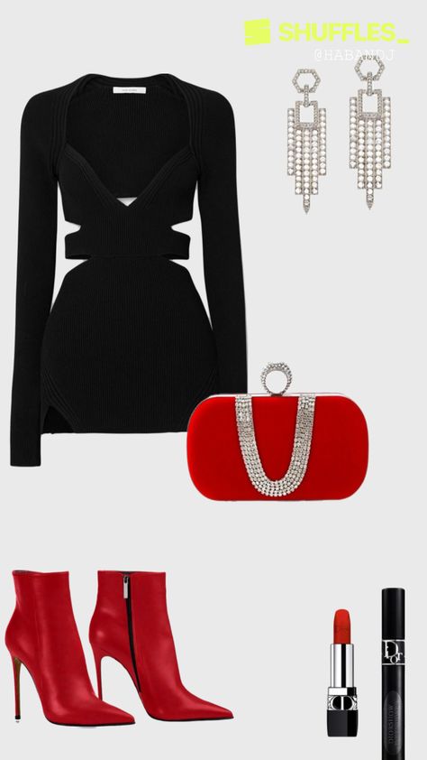 #outfitinspo #dressyoutfit #outfitideas #blackandred #holidayparty #goingout #club #party #valentinesfit #cocktail #datenight #fashion #style #christmasfit Outfit Vestido Rojo, Outfits Vestido, Party Outfit Christmas, Red Ankle Boots, Christmas Fits, Christmas Party Outfit, Outfit Christmas, Elegant Sophisticated, Holiday Party Outfit