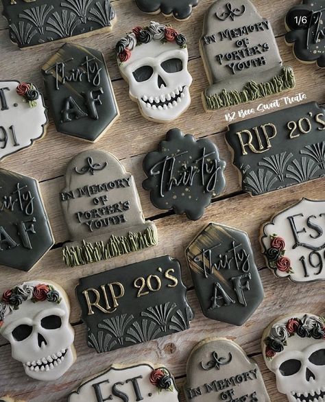 30th Birthday Spooky Theme, Gothic Themed Party Food, Halloween 40th Birthday Cakes, Rip 30s Cookies, Rip To Your 30s Party, Halloween Theme 30th Birthday, Funeral Themed 30th Birthday Party Cake, 30s Birthday Party Theme, Say Goodbye To Your 20s 30th Birthday