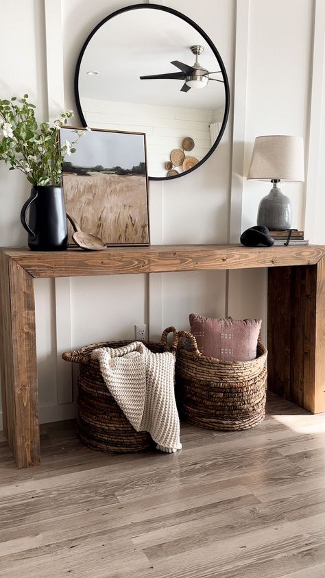 DIY entry table styled House Decor Farmhouse Modern, Hallway Wood Table, Console Table Restoration Hardware, Entry Modern Farmhouse, Front Door Tables Entryway, Entry Side Table, This Entry Way Table, Chair And Console Table, Simple Wood Console Table