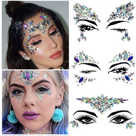 Gems Makeup, Face Rhinestones, 3d Eye, Face Crystals, Tattoo Diy, Jewel Tattoo, Crystal Stickers, Diamond Tattoos, Rhinestone Sticker