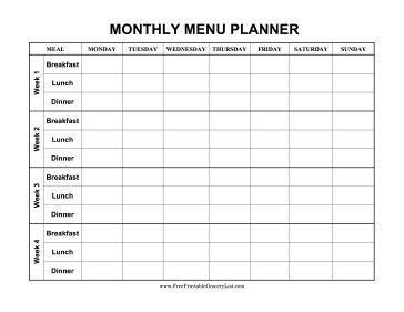This monthly menu planner has four weeks of meals and sections for breakfast, lunch and dinner. Free to download and print Monthly Menu Planner, Fitness Journal Printable, Menu Sans Gluten, Monthly Menu, Monthly Meal Planner, Fitness Recipes, Cleaning Schedule Printable, Diy Organizer, Fitness Planner Printable
