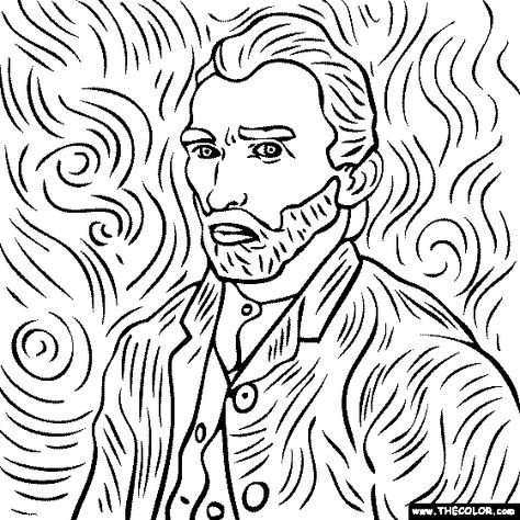 100% free coloring page of Vincent Van Gogh painting - Self Portrait. You be the master painter! Color this famous painting and many more! You can save your colored pictures, print them and send them to family and friends! Vincent Van Gogh Coloring Pages, Van Gogh Self Portrait Drawing, Famous Drawings Artists, Famous Painting Coloring Pages, Van Gogh Coloring Pages Free Printable, Van Gogh Outline, Painter Eye, Printable Drawings To Paint, Famous Paintings Tattoos