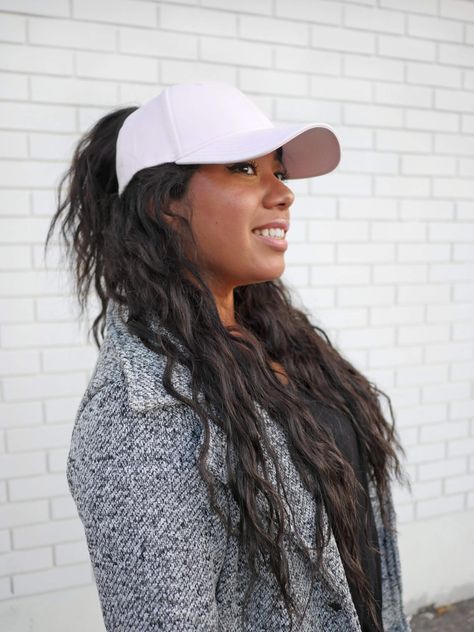 Ponyback Hat, Blonde Black Hair, Half Down Ponytail, Down Ponytail, Hair With Hat, Long Hair Brunette, Light Pink Hat, Style Long Hair, Hat Ponytail