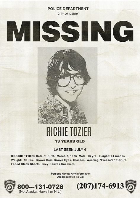 Richie Missing Poster, It Movie Missing Poster, Pennywise Missing Poster, It The Movie Poster, Horror Movie Missing Posters, Halloween Movie Posters Vintage, Missing It Poster, Missing Posters Aesthetic, Halloween Missing Poster