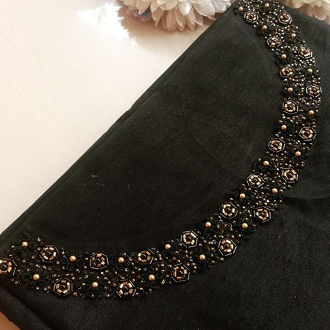 Black beads and thread embroidery on black polysilk fabric Couture, Black Hand Embroidery Designs, Bead Work Neck Design, Black Kurti Hand Work Design, Black Top Embroidery Design, Black Blouse Handwork Designs, Black Beads Embroidery, Hand Embroidery On Neckline, Aari Work On Black Blouse