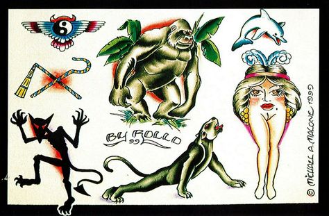 MIKE ROLLO BANKS Malone Gorilla Panther Dolphin Devil Tattoo Flash Art - $34.95. FOR SALE! Mike Rollo Banks Malone Vintage Tattoo flash Art 11 x 17 High quality Reproduction PrintProfessionally Printed on thick, fade-resistant, acid-free matte archival paper scanned from original Rollo hand colored production flash. Everything is color matched to the original print to ensure we offer the highest quality flash possible.Mike Rollo Malone 193973728168 Mike Rollo Malone Tattoo Flash, Don Nolan Tattoo Flash, Mike Malone Flash, Spaulding And Rogers Flash, Mike Malone, Vintage Tattoo Flash, Traditional Tattoo Flash Art, Dolphins Tattoo, Vintage Tattoo Design