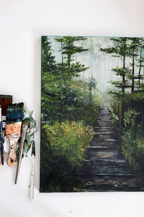 Acrilic Paintings, Seni 2d, Canvas For Beginners, Easy Canvas Painting, Landscape Paintings Acrylic, Forest Painting, 수채화 그림, Simple Acrylic Paintings, Creative Painting