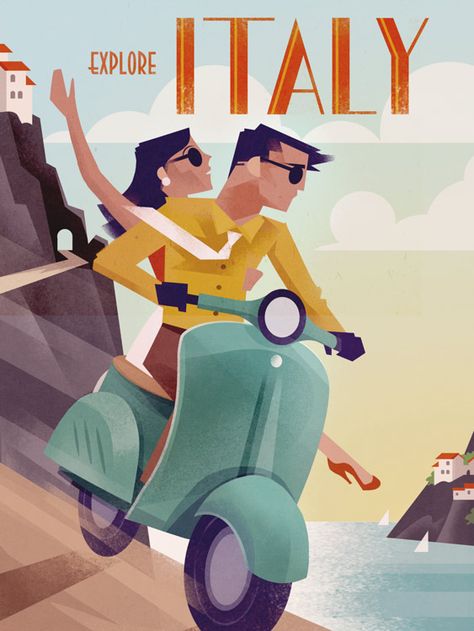 Martin Wickstrom on Behance Vintage Travel Decor, Poster Art Deco, Posters Decor, Affiches D'art Déco, Beach Art Prints, Vintage Vespa, Glamour Vintage, Italian Posters, Italy Poster