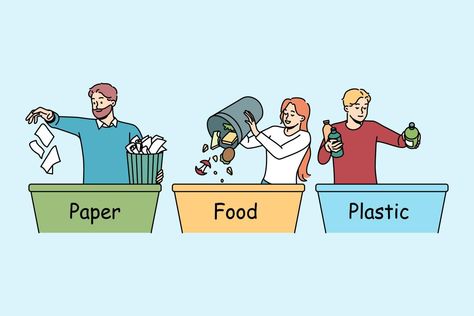 People sorting waste in containers. Eco friendly volunteers or activists care about environment. Ecology management concept. Vector illustration. Waste Management Illustration, Waste Management Drawing, About Environment, Waste Collection, Waste Management, Poster Drawing, Brown Hairstyles, Mural Design, Cool Art Drawings