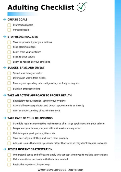 This simple adulting checklist highlights some of the most important personal development skills you need to improve to begin to be an "adult". The checklist can be downloaded as a free pdf. check it out, and learn more about why these six simple ideas are so important to becoming a responsible adult, The Checklist To Live The Life, To Be List Ideas, 1% Improvement, Personal Needs List, Adulting Tips 20s, How To Be An Organized Person, Self Improvement Checklist, Adulting 101 Checklist, Check Off What You Did This Year List