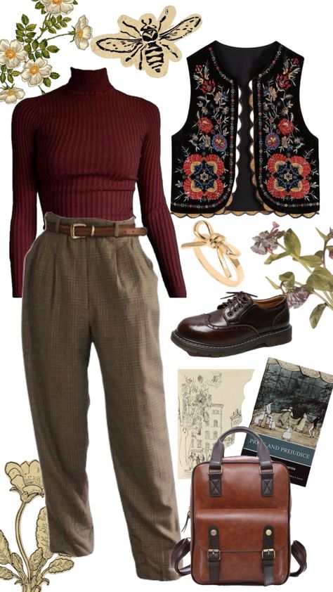 Dark Academia Outfit Librarian Chic Outfits, Dark Academia Outfit Aesthetic, Dark Academia Outfits, Dark Academia Outfit, 70s Vintage Fashion, Academia Outfit, Outfit Shuffles, Academia Outfits, Fitness Wear Outfits