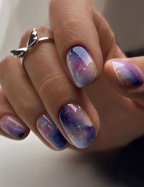 purple galaxy short nails Best Short Nail Designs, Classy Short Nails, Cute Short Nail Designs, Mystic Nails, Ladybug Nails, Classy Looks, Short Nail Manicure, Cute Short Nails, Korean Summer