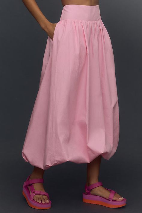 Cotton Side seam pockets Pull-on styling Hand wash Imported | Reina Bubble-Hem Midi Skirt by NIA in Pink, Women's, Size: XS, Cotton at Anthropologie Couture, Bubble Hem Skirt, Tulle Skirt Outfit Casual Street Style, Bubble Skirt Outfit, Fairy Vintage, Bubble Clothes, A Line Midi Dress, Ruffle Summer Dress, Summer Fairy