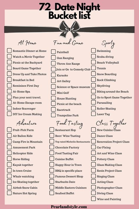 Date Night Ideas Dates List Ideas, Date Idea Bucket List, Bucketlist Date Ideas, Goals For Couples Bucket Lists, Date Board Ideas, Date Ideas Free Things To Do, Special Night For Him Ideas, Date Ideas Checklist, Things You Did This Year