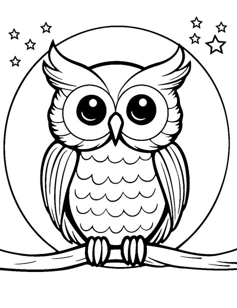 Owl under the Stars: An owl under a starry night sky. (Free Printable Coloring Page for Kids) Free Owl Coloring Pages, Owl Colouring Picture, Cute Owl Coloring Pages, Animal Drawing Outline, Owl Printables Free Templates, Owl Coloring Pages Free Printable, Owl Pictures Art, Owl Printables Free, Owl Patterns Free Printables