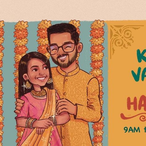 Saara | சாரா on Instagram: "Made this illustrative wedding invitation for a beautiful couple. The groom and bride are from different cultural backgrounds and wanted to illustrate each and every wedding rituals with their cartoon avatars. This is 1/3rd of the invitation  . Ps, Had to delete the previous post:(  . #commissionedwork #weddinginvite #freelanceartist" Bride And Groom Illustration, Shaadi Ideas, Couple Illustration Wedding, Cartoon Wedding Invitations, Cartoon Wedding, Bride And Groom Cartoon, Wedding Caricature, Digital Invitations Wedding, Groom And Bride