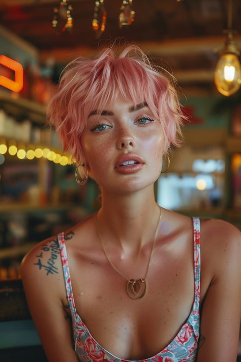 Women's Hair Color Ideas, Short Hair Nonbinary Round Face, Pixie Hair Growing Out, Layered Bob Styling, Short Short Haircuts For Women, Fashion Color Pixie Hair, Wolf Pixie Haircut, Short Strawberry Hair, Pixie Haircut Front And Back Views