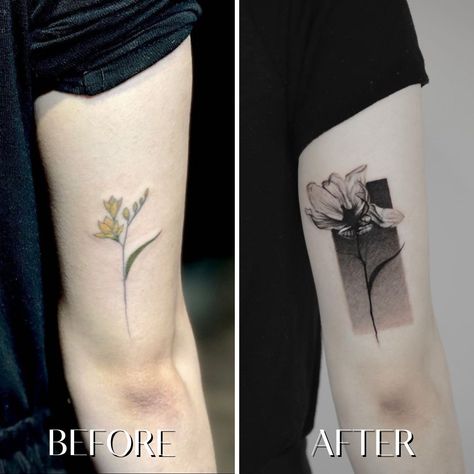 Mind-Blowing Tattoo Cover Ups You Need to See to Believe | Discover the best ideas for a tattoo cover up. Lifestyle Big Tattoo Cover Up Ideas, Flower Cover Up Tattoos, Tattoo Cover Ups, Black Flowers Tattoo, Best Cover Up Tattoos, Wrist Tattoo Cover Up, Faded Tattoo, Black Tattoo Cover Up, Small Butterfly Tattoo