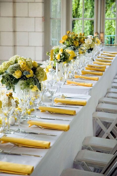 Gorgeous Wedding Centerpieces Yellow Centerpieces, Yellow Wedding Inspiration, Yellow Wedding Theme, Yellow Napkins, Yellow Wedding Flowers, Yellow Table, Yellow Theme, Long Table, Yellow Wedding