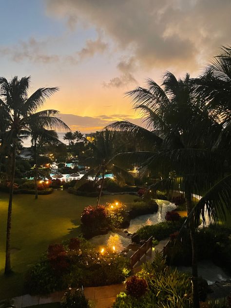 kauai hawaii koaloa Landing resort sunset poipu ocean view travel insta pic Bonito, Resort Vibes Aesthetic, Beach At Sunset Aesthetic, Tropical Night Aesthetic, Tropical Life Aesthetic, Summer In Hawaii Aesthetic, Hawaii Vision Board, Fun Life Aesthetic, Kauai Aesthetic