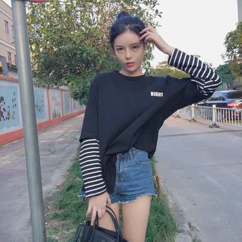 Layering, stripe sleeve, long sleeve under t shirt, korean fashion, k fashion, street style K Fashion, Shirt With Long Sleeve Under, Long Sleeve Under T Shirt, Long Sleeve Under Shirt, Melon Juice, Long Sleeve Shirt Outfits, Campus Style, Clothes Korean Style, Fresh Outfits