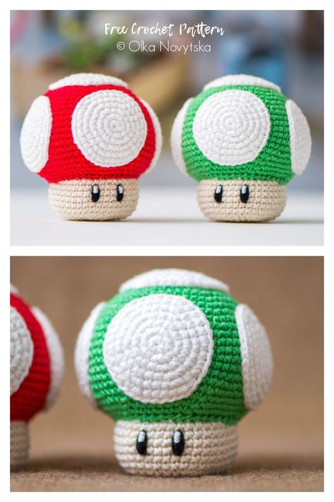 Crochet Mario 1Up Mushroom Amigurumi Free Patterns Mario Mushroom Amigurumi, Mario Mushroom Amigurumi Free Pattern, Crochet Mushroom Mario, Super Mario Mushroom Crochet Pattern, Mario Characters Crochet, Crochet Mario Toad Pattern Free, Crochet Mario Mushroom Free Pattern, Free Crochet Mario Patterns, Mario Mushroom Crochet Pattern Free