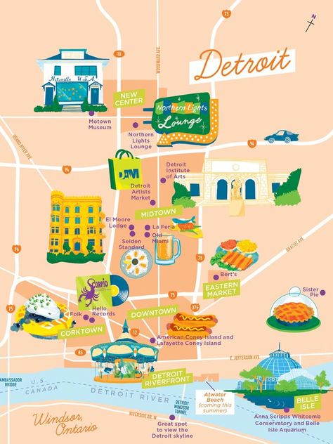 Detroit Illustration, Detroit Travel, Traveling Usa, Detroit Map, Visit Detroit, Detroit City, Happy Hour Cocktails, Detroit Institute Of Arts, Talk To Strangers