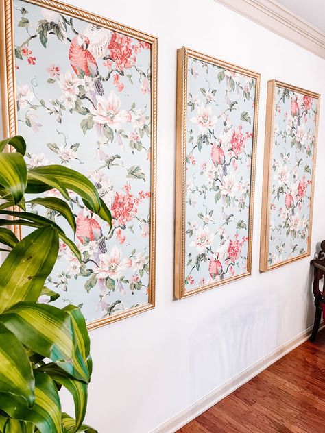 DIY Wallpaper Panels Framed Fabric Panels, Diy Fabric Wall Panels, Creative Ways To Use Wallpaper, Wallpaper Craft Room, Nursery Wallpaper Panels, Fabric Accent Wall, Picture Frame Diy Crafts, Diy Framed Wallpaper Panels, Wallpaper Picture Frame Molding