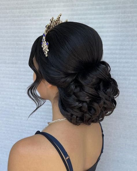 50 Pretty Updo Hairstyles for Long Hair Simple Hairstyles For Quince, Hair Styles For Long Hair Quince, Quinceanera Hairstyles Bun With Curls, 15 Hairstyles Updo, Updo Quince Hairstyles, Quince Up Do Hairstyles, Updo For Quinceanera, Quinceanera Hairstyles Low Bun, Updo Party Hairstyles