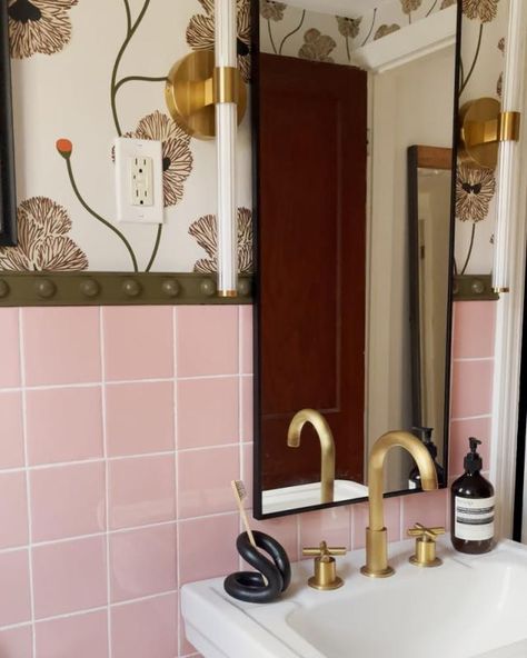 A 1950s Bathroom Makeover Helps Pink Tile Look Timeless Pink Bathroom 50s, Pink Bathroom Tiles Update, Pink And Black Vintage Bathroom, Masculine Pink Bathroom, Bathrooms With Pink Tile, Blush Pink Bathroom Ideas, 1950s Bathroom Update, Bathroom With Pink Tile, 50s Pink Bathroom