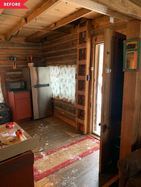Other people would have torn this cabin down entirely! READ MORE... Old Cabin Makeover, Adirondack Cabin Interior, One Room Cabin Interior, Old Cabin Interior, Log Cabin Makeover, Tiny Cabin Kitchen, Log Cabin Renovation, Log Cabin Remodel, Tiny Cabins Interiors