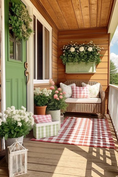 40  Farmhouse Front Porch Ideas for Every Style and Season Small Rustic Porch Ideas, Colorful Screened In Porch, Simple Small Front Porch Ideas, Front Porch Sitting Ideas, Farmhouse Cottage Interiors, Cozy Front Porch Ideas, Small Front Porch Ideas Entrance, French Country Front Porch, Small Back Porches