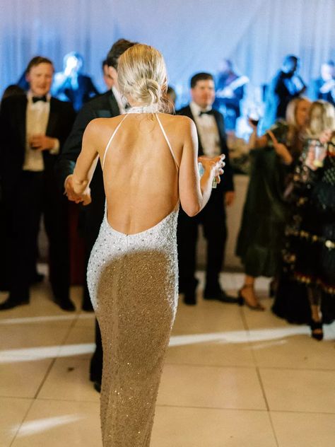 Second Look For Wedding, Reception Dress Bride Fun, Formal Full Length Dresses, Glitzy Reception Dress, White Sparkle Long Dress, Sparkly Reception Dress Long, Low Back Wedding Reception Dress, Sparkly Wedding Dress Reception, White Sparkle Reception Dress