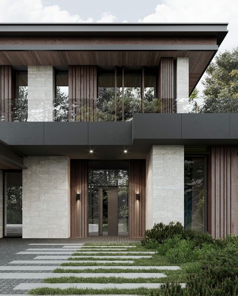 Villa in Repino Park on Behance Modern Contemporary House Exterior, Villa Facade Design, Exterior Villa Design, Modern Villa Exterior, Villa Exterior Design, Fasad Design, Modern Residential Architecture, House Outer Design, Contemporary House Exterior